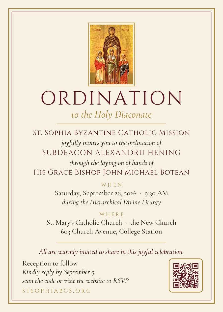 Invitation to the ordination of Subdeacon Alexandru Hening to the Holy Diaconate, September 26, 2026, St. Mary's Catholic Church, College Station